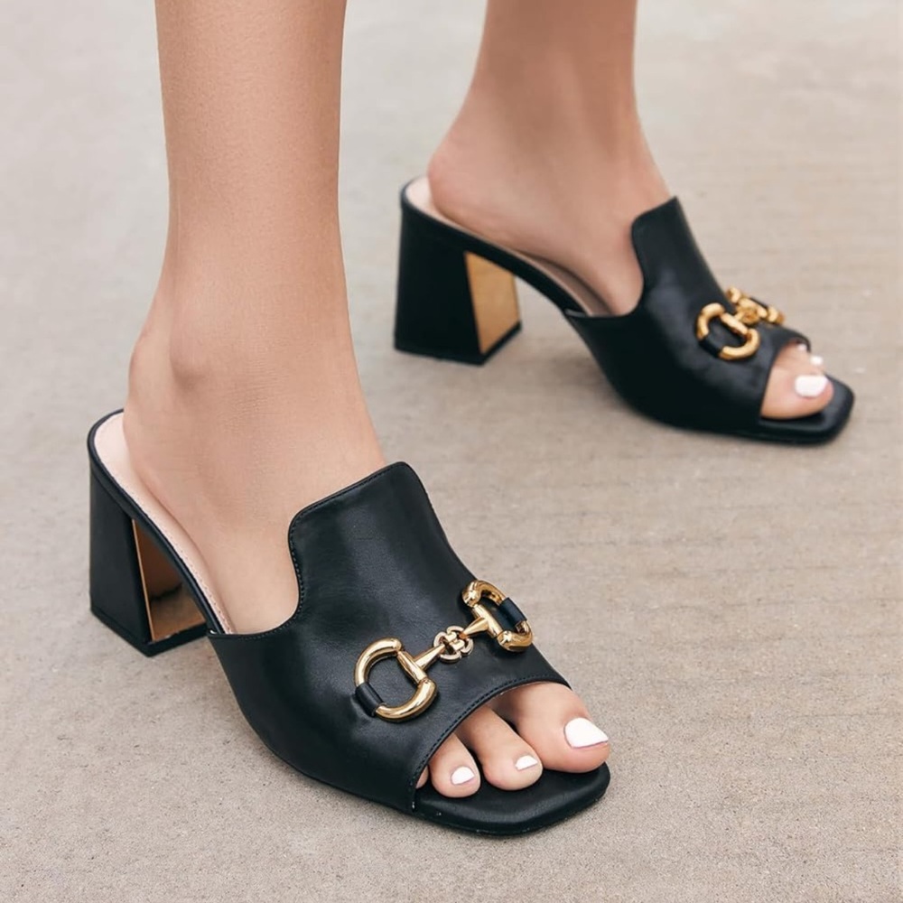 Sandals Peep Toe Slides Chunky Heel Mules Comfort Slip-on Metal Chain